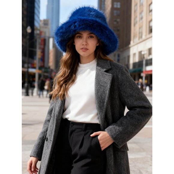 Women\'s Royal Blue Oversized Winter Long Pile Fur Wide Moldable Brim Warmer Cap
